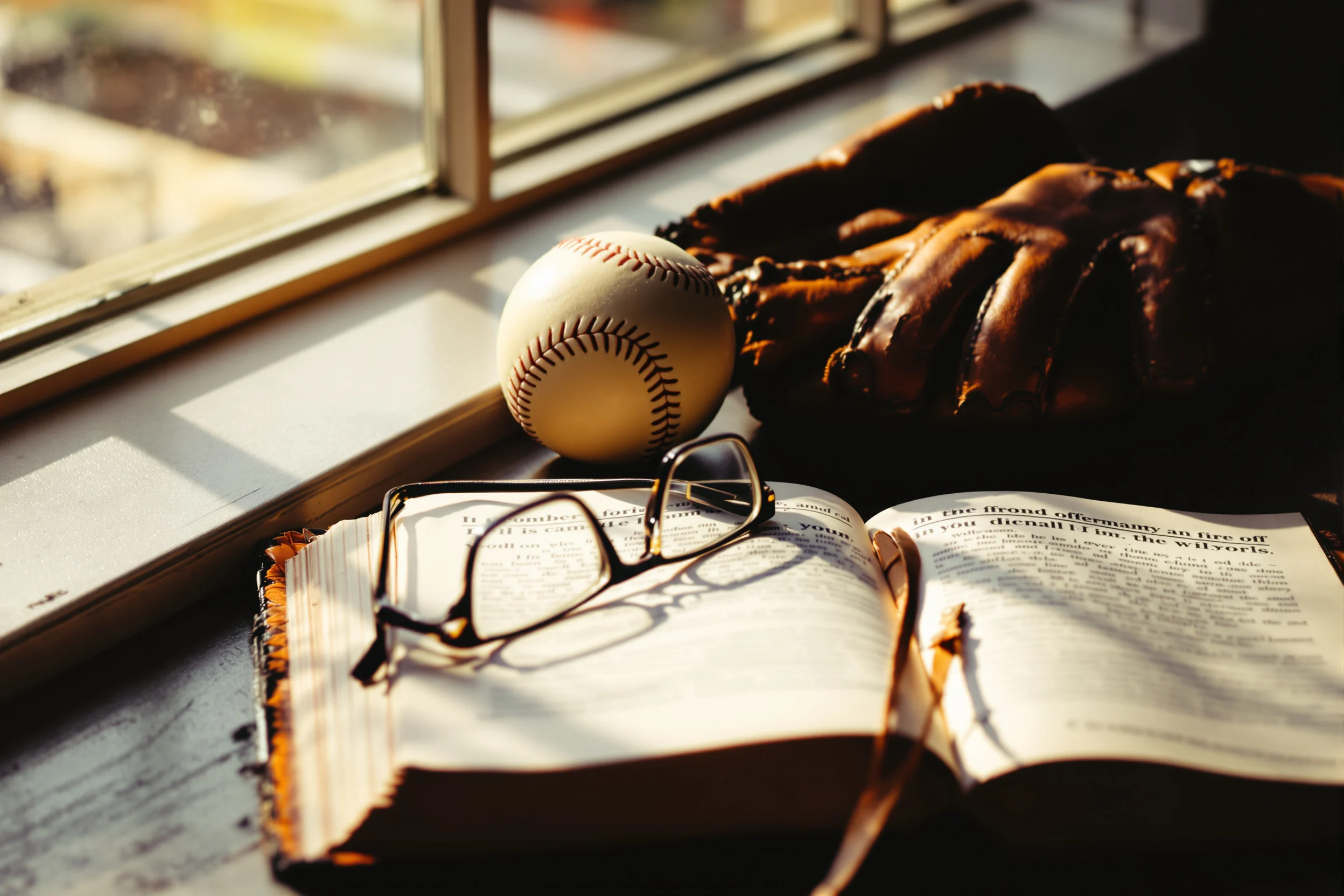 An open leather journal, reading glasses, and a worn baseball on a sunlit wooden desk, reflecting David Ledbetter's path from professional sports to wealth management