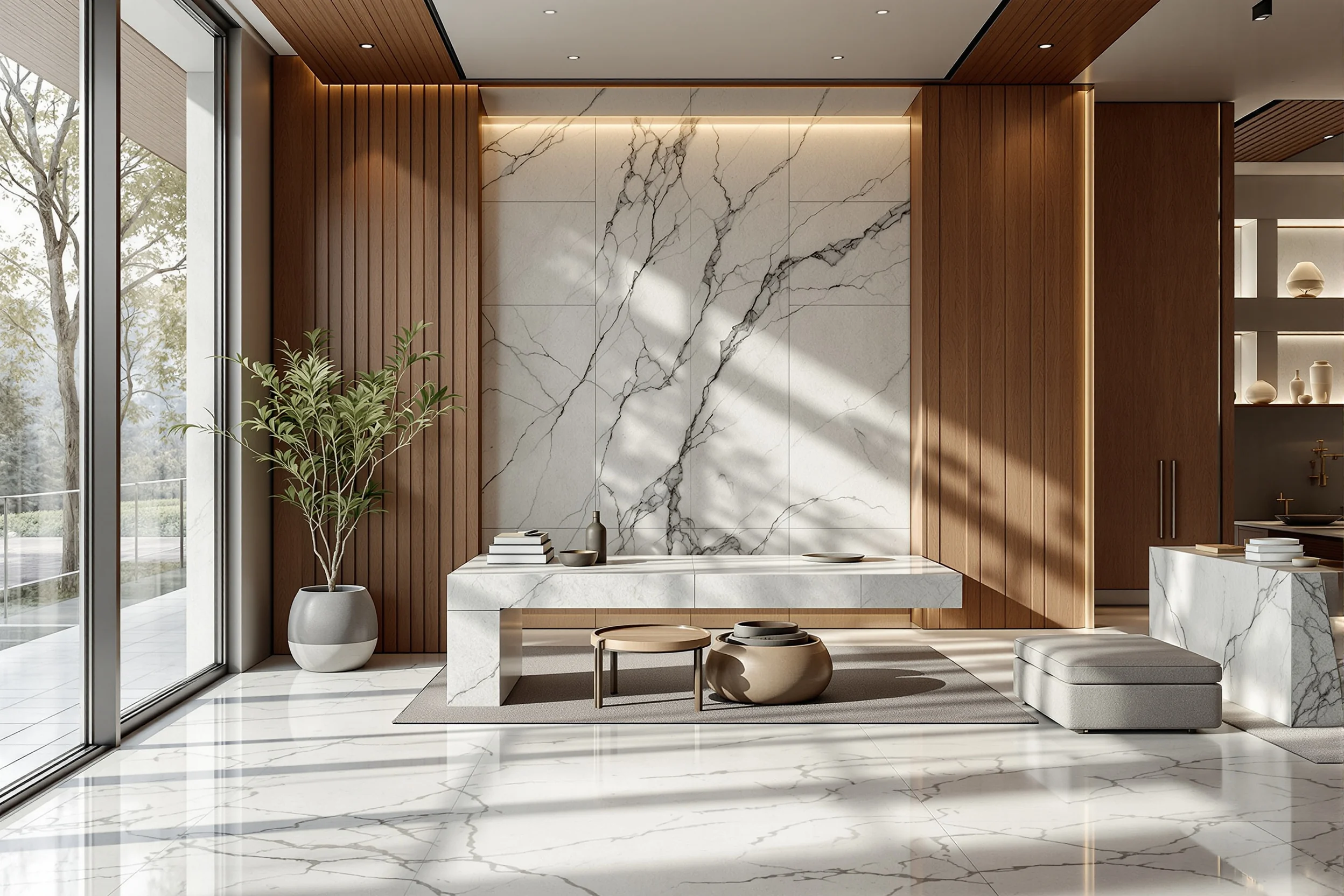 A sophisticated calm modern interior with soft natural light and warm walnut, representing understated success for high earners