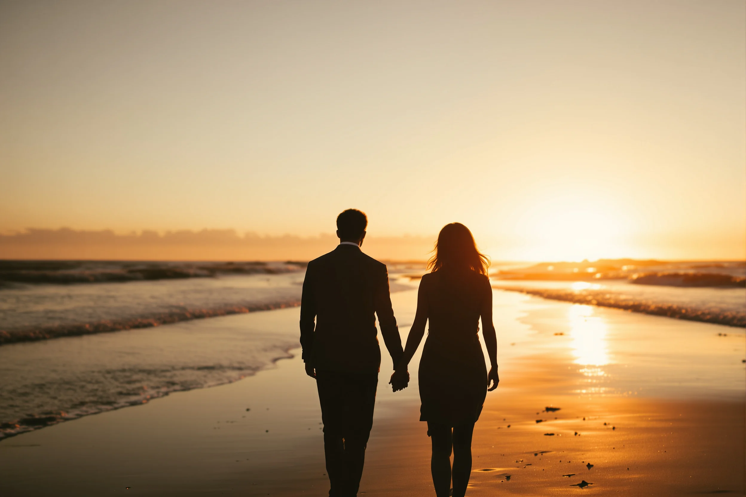 A couple silhouetted walking along a beach at golden hour, representing the freedom of a well-planned retirement