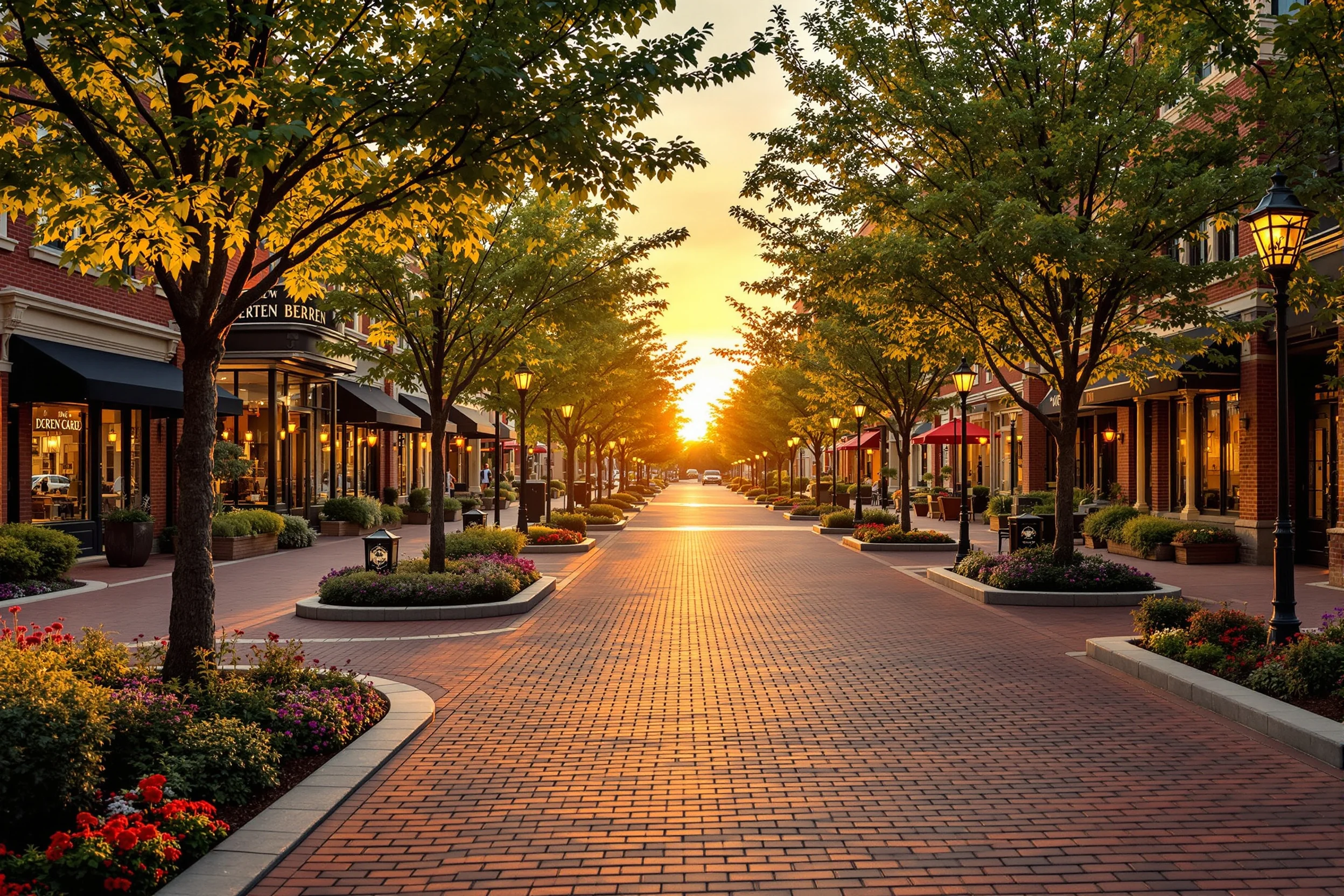 A warm, upscale Indiana town center at golden hour, representing Remnant Wealth serving Indianapolis