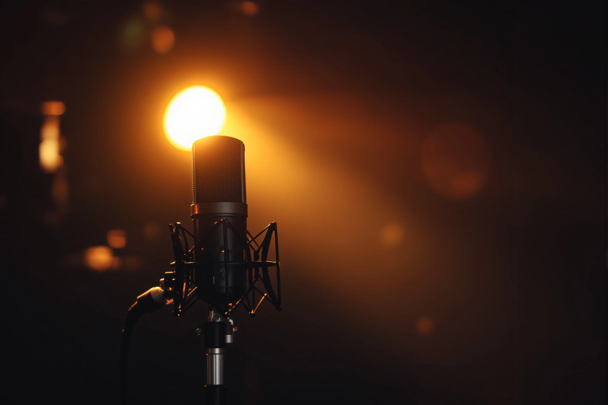An elegant podcast microphone lit by warm directional light in a refined studio, representing thought leadership