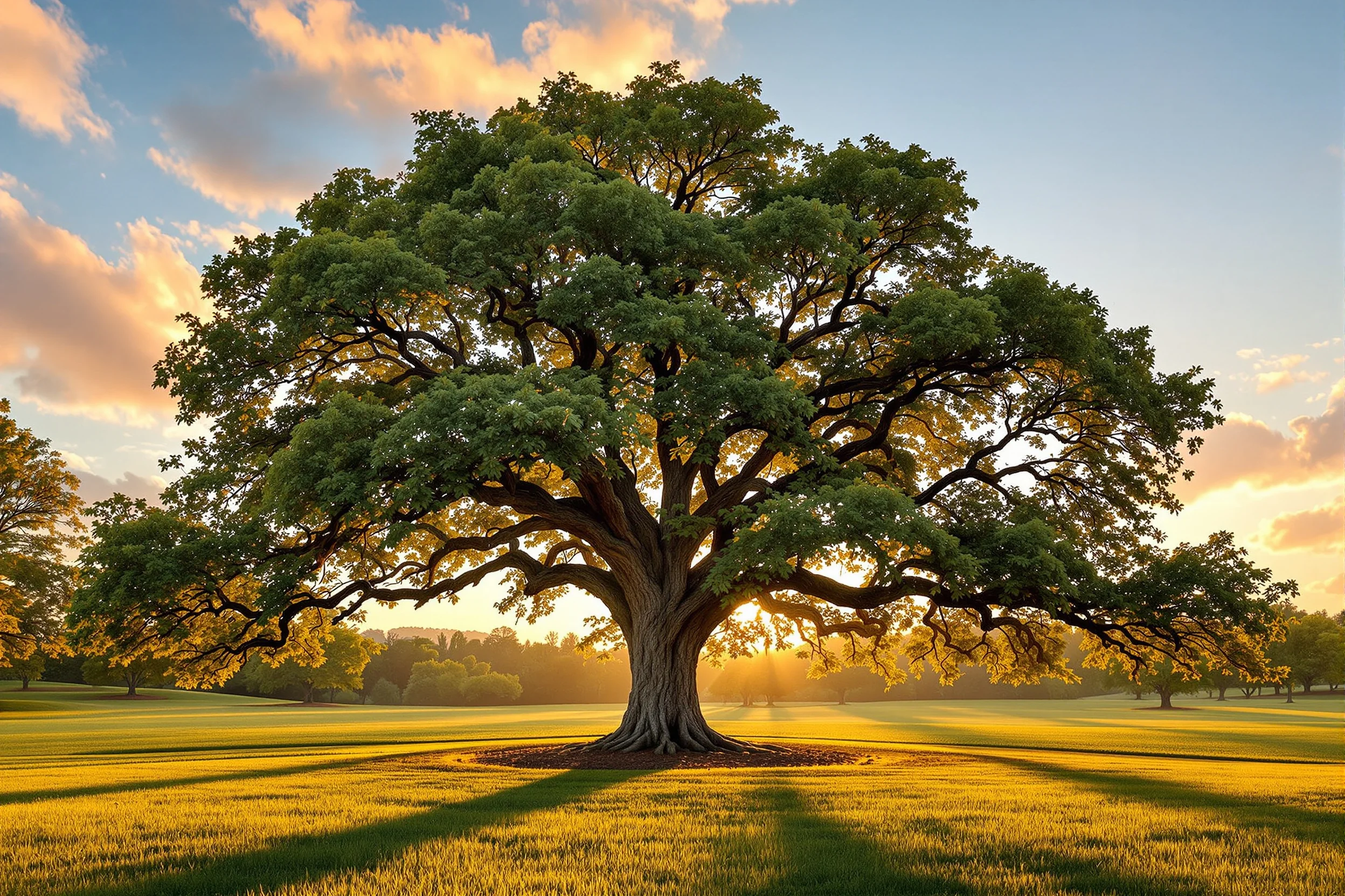 A majestic oak tree on an estate at golden hour, representing lasting, trusted client relationships