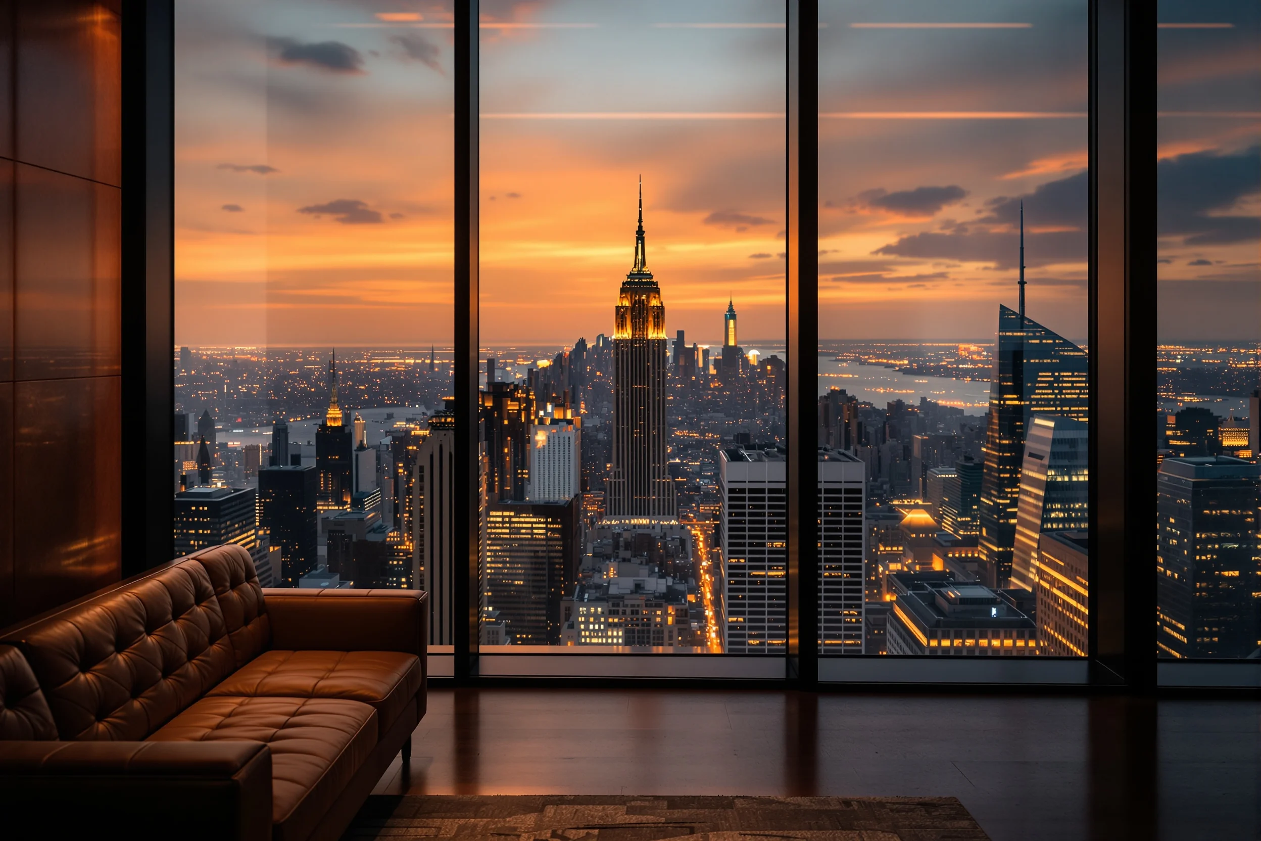 A cinematic dusk view from a high-rise corner office overlooking a glowing city skyline, representing a well-planned business exit